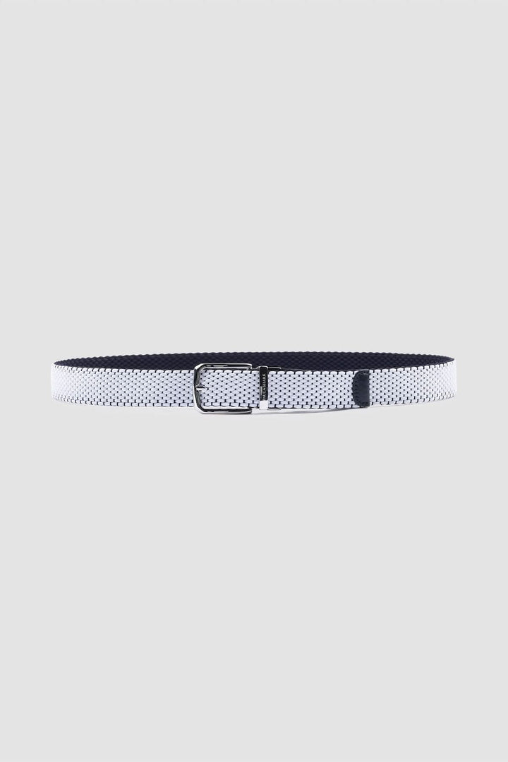 Ceinture élastique réversible avec finitions en cuir, ceinture tressée blanche et marine, boucle métallique élégante pour tenue décontractée.