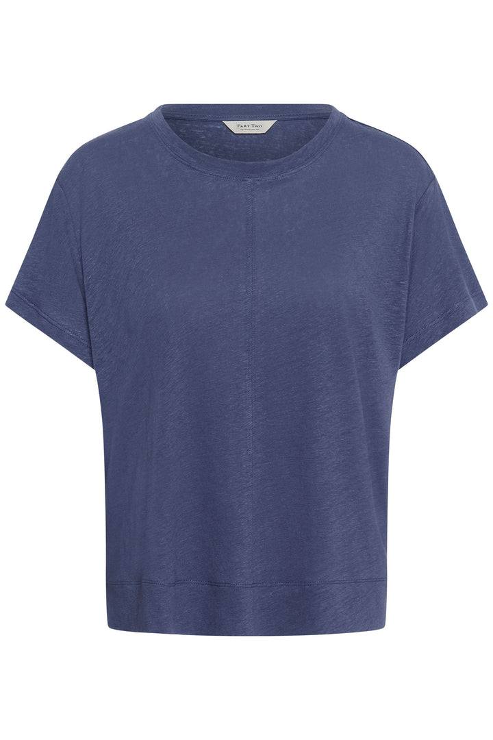 Chandail Anemona bleu avec encolure ronde classique et manches courtes pour un style minimaliste et contemporain.