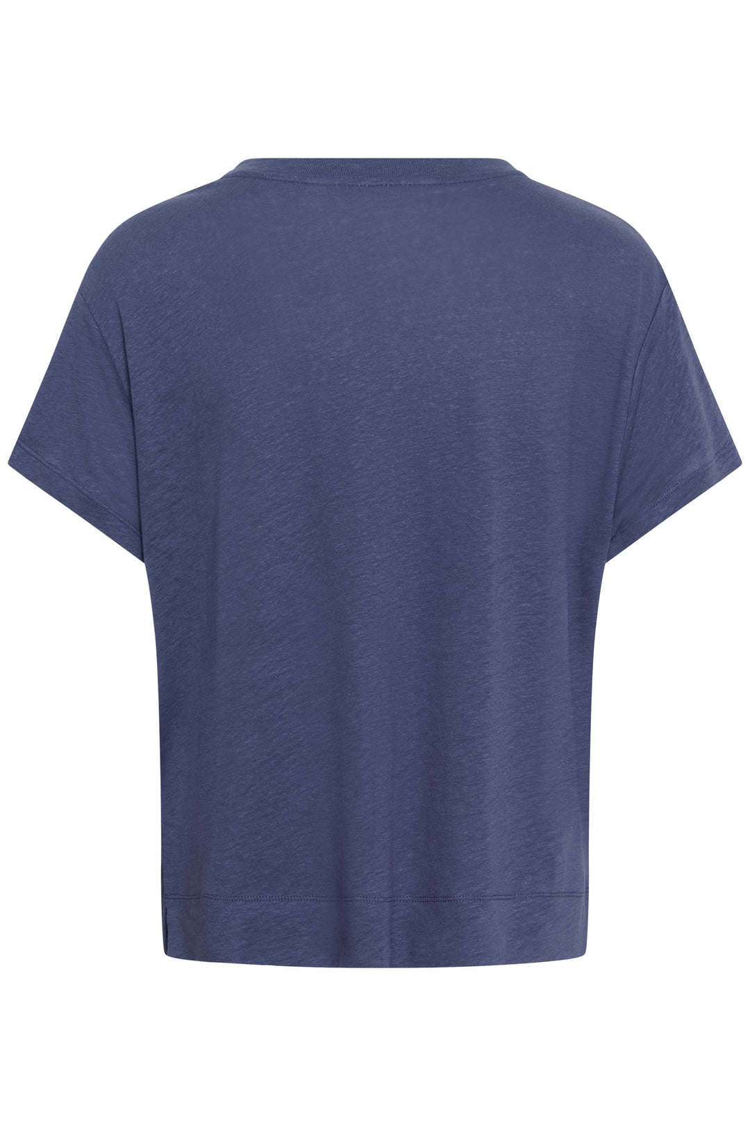 Chandail Anemona bleu avec encolure ronde et manches courtes tombantes, style minimaliste pour une tenue polyvalente et moderne.