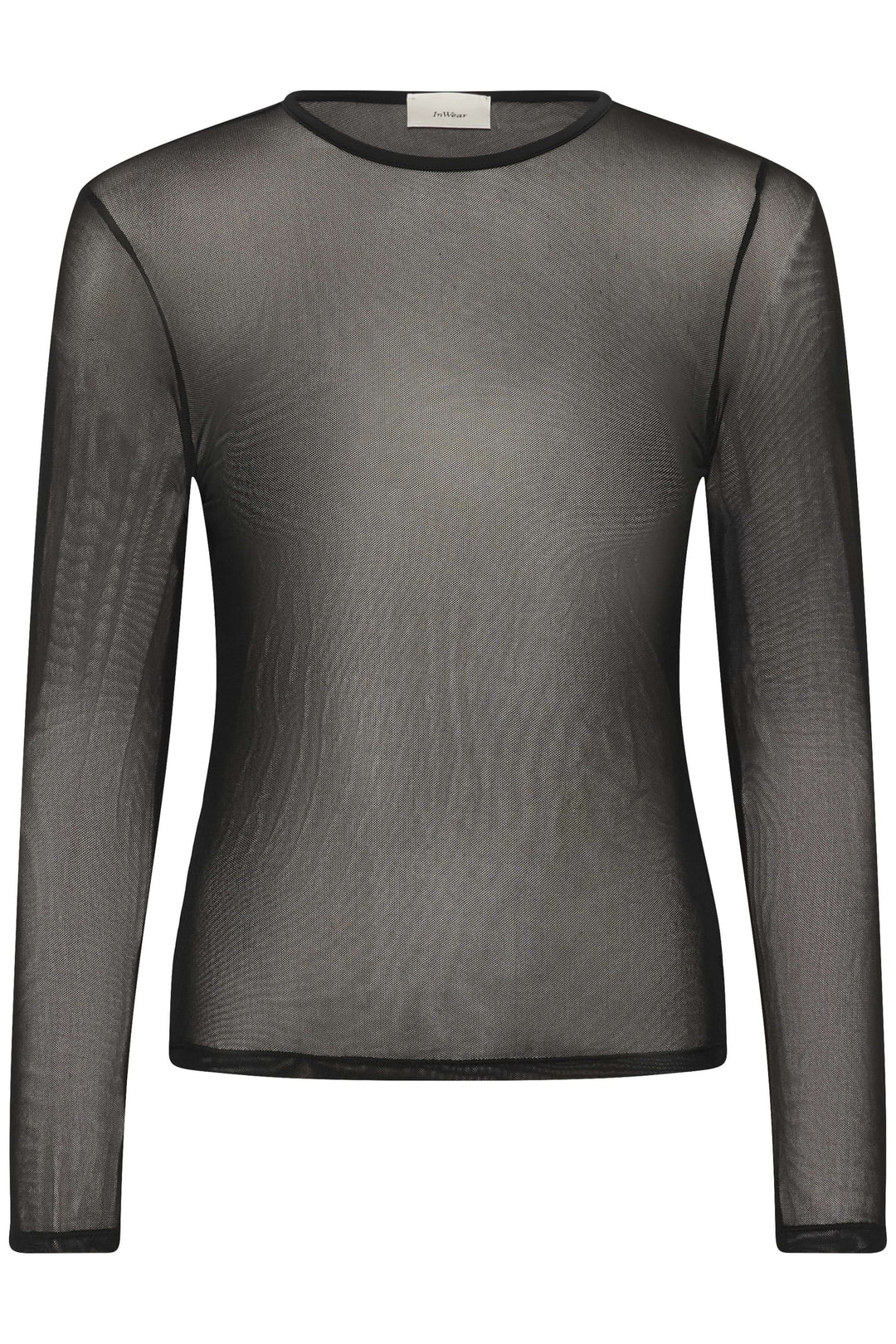 Chandail Kaia en tulle transparent à manches longues, moderne et léger, idéal pour superposition, coupe ajustée pour silhouette élégante.