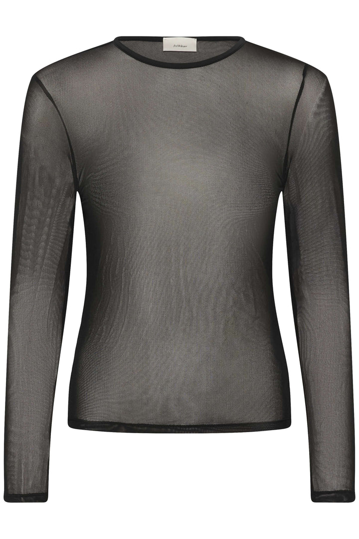 Chandail Kaia en tulle transparent à manches longues, moderne et léger, idéal pour superposition, coupe ajustée pour silhouette élégante.