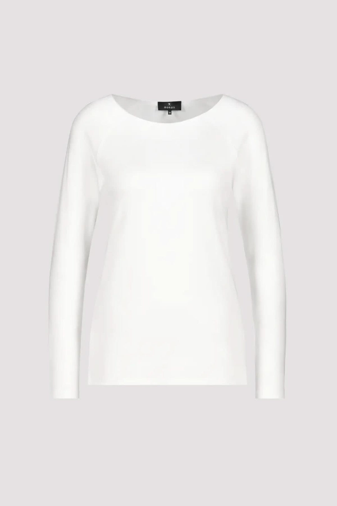Chandail basique blanc avec encolure ronde et manches longues raglan, style confortable et moderne.