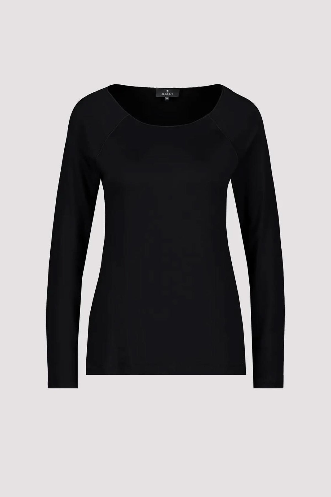 Chandail basique noir à manches longues raglan, légèrement cintré avec encolure ronde, style moderne.