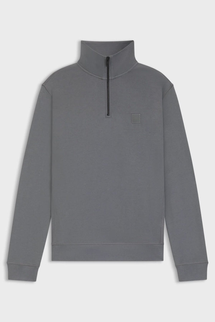 Chandail à col montant zippé en coton Terry gris avec logo BOSS discret sur la poitrine, idéal pour un style décontracté et moderne.
