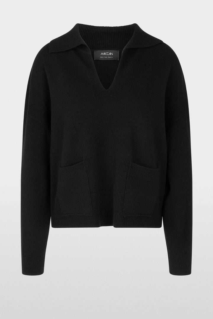 Chandail col ouvert en maille douce avec poches plaquées pour un style élégant et décontracté, manches longues, coupe droite.