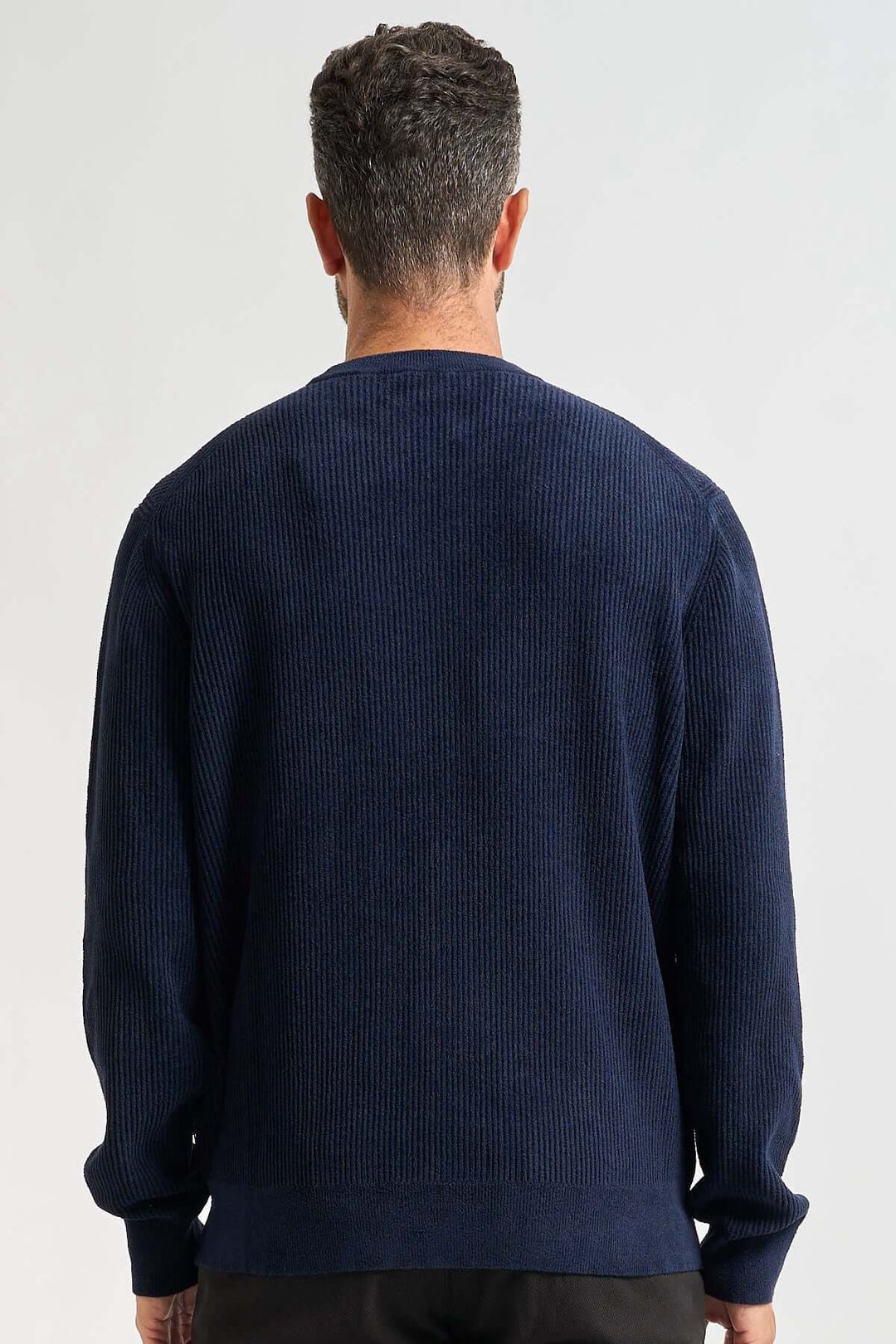 Dos du chandail à col rond côtelé effet velours P-Horso en maille raffinée, coupe régulière, couleur bleue, porté par un modèle de dos.