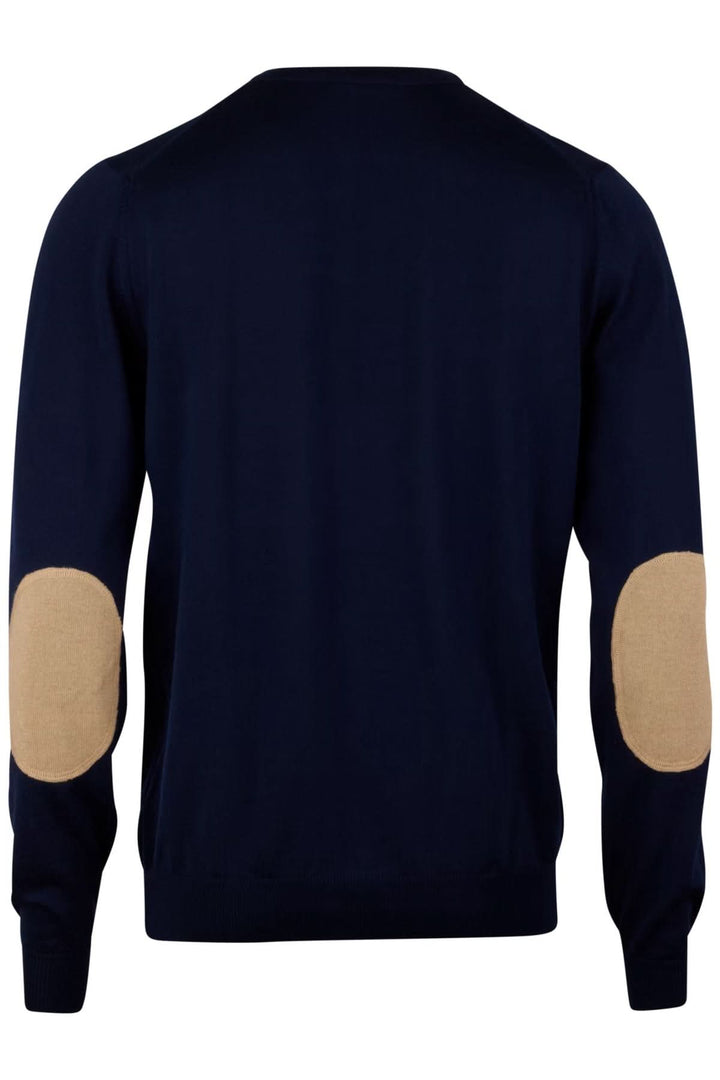 Chandail col rond en laine mérinos avec coudes contrastants, bleu marine avec coudières beige, idéal pour un look élégant et confortable.