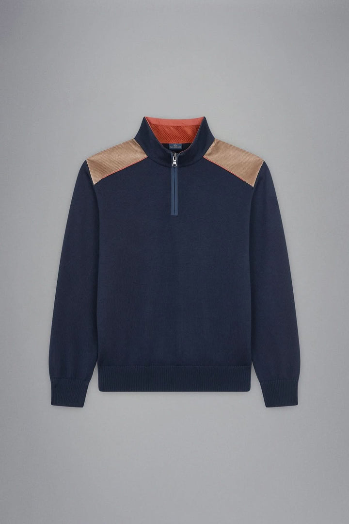 Chandail demi-zip en laine marine avec détails en velours côtelé et fermeture à demi-zip de Paul and Shark.