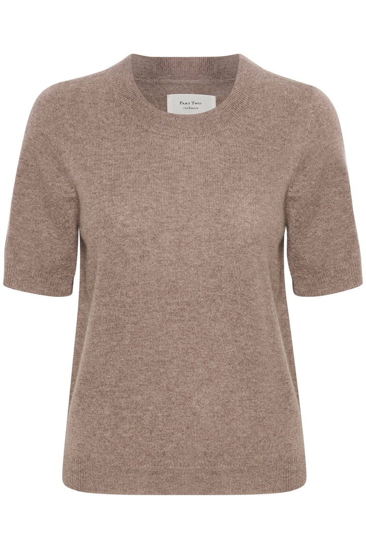Chandail en cachemire Everlotta à manches courtes, encolure ronde, couleur beige, coupe classique.