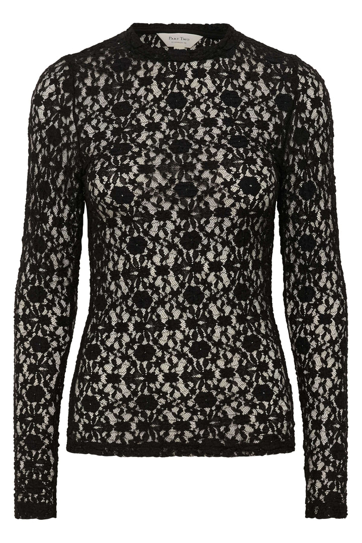 Chandail en dentelle Venetia avec manches longues ajustées et encolure ronde classique, idéal pour un look chic et moderne.
