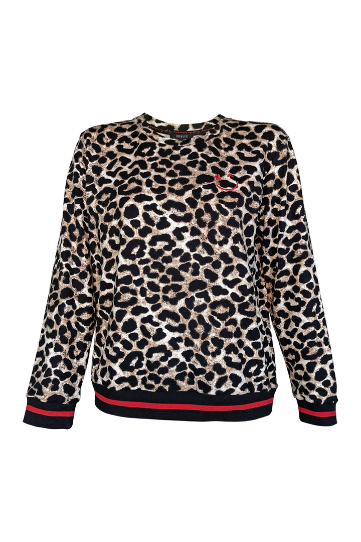 Chandail imprimé léopard à manches longues avec finitions contrastantes aux poignets et à l'ourlet pour un look moderne et chic.