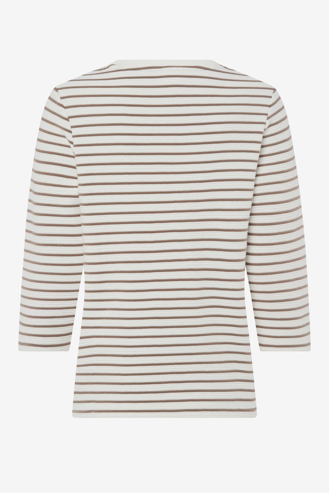 Chandail ligné Bonnie avec manches longues et rayures horizontales brunes sur fond blanc, idéal pour un look casual-chic.
