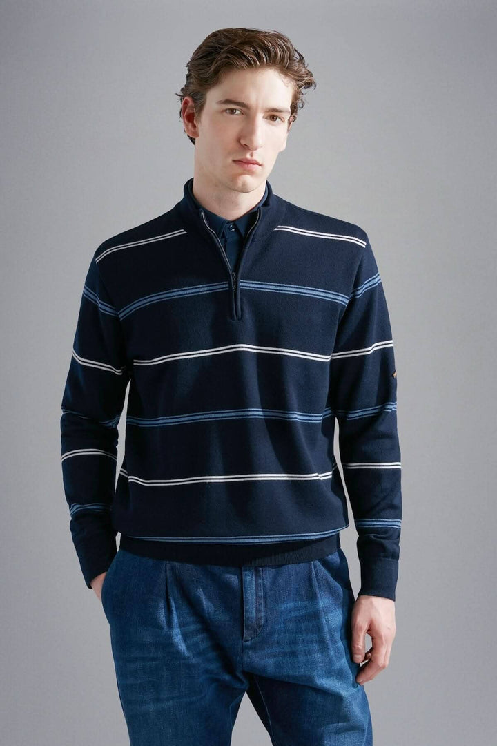 Chandail ligné à demi-zip en laine Paul &amp; Shark, élégant et confortable pour les saisons fraîches.