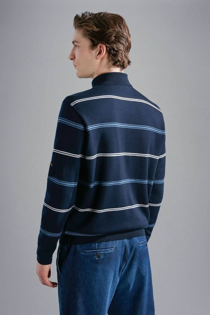 Chandail ligné à demi-zip Paul &amp; Shark en laine, vue arrière, style élégant et confortable.