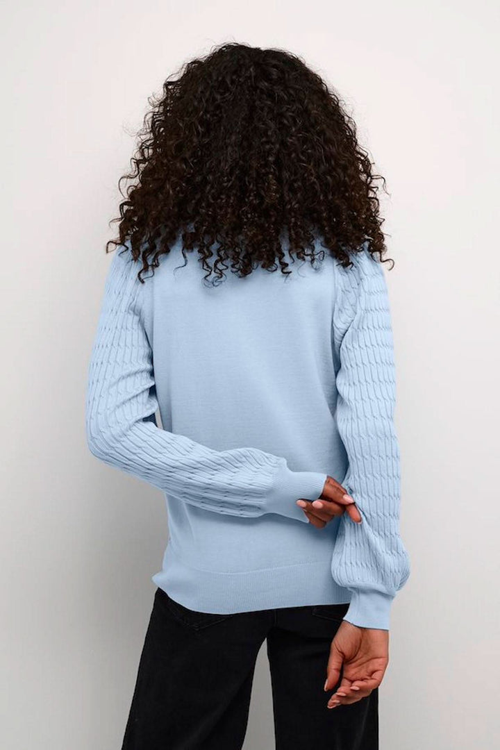Chandail en tricot bleu clair avec motifs sur les manches, vue de dos, style décontracté.