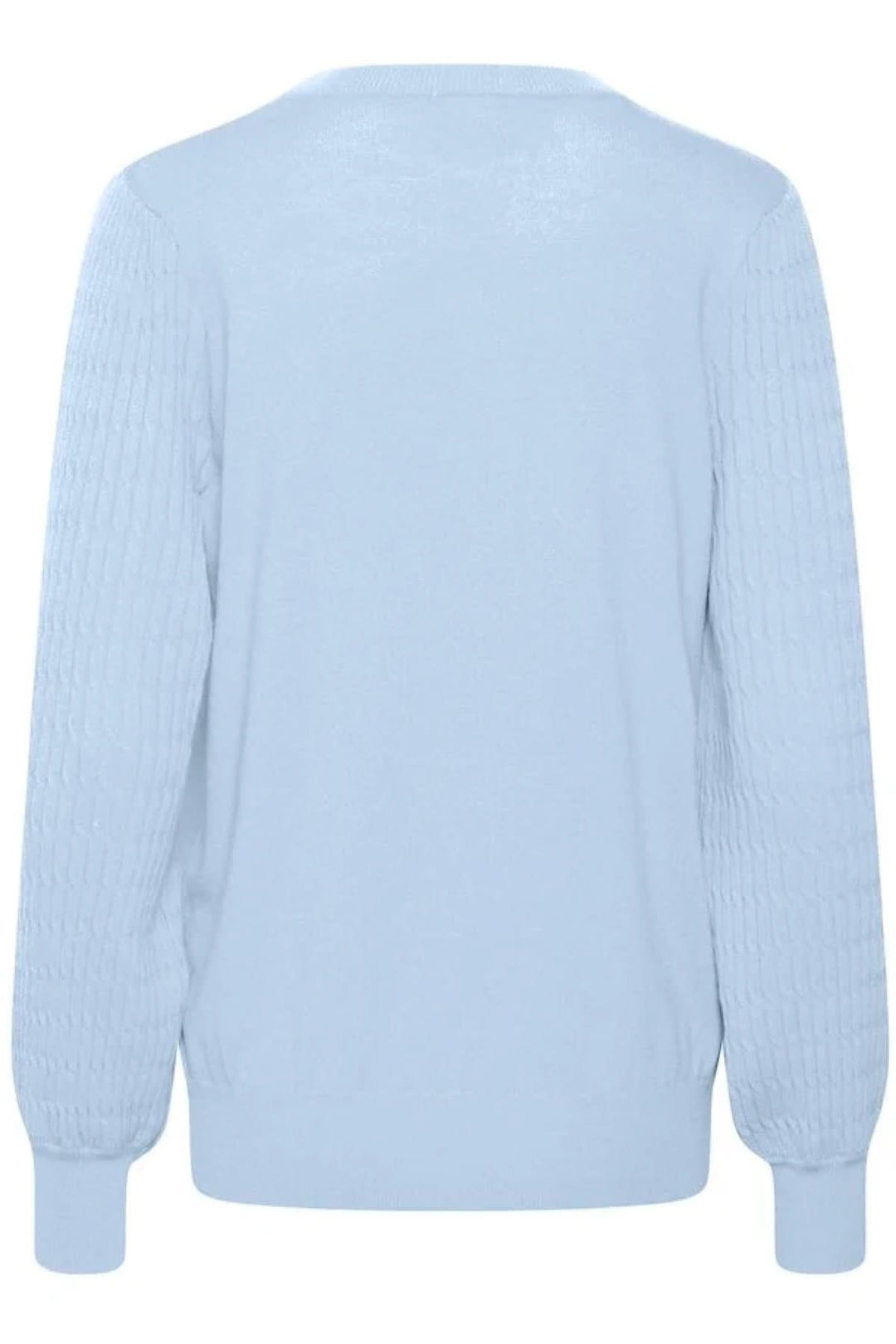 Chandail en tricot bleu clair, coupe régulière, manches longues, motif sur les manches, style décontracté.