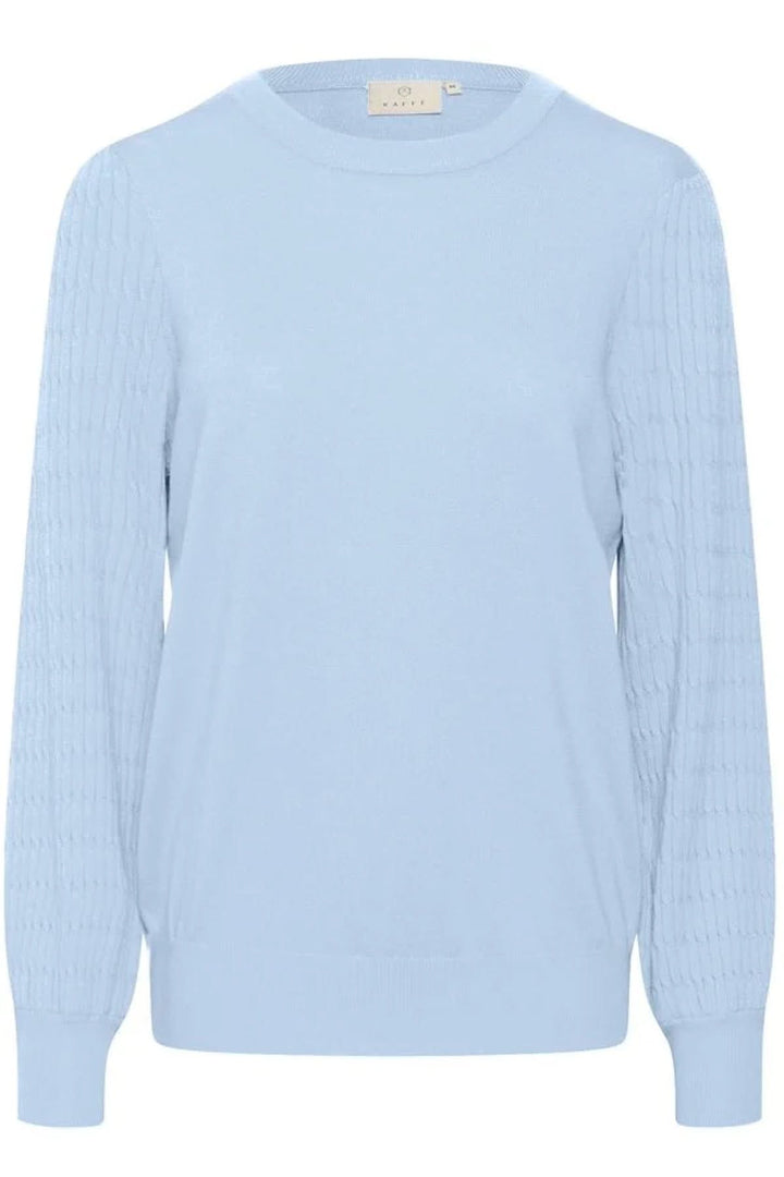 Chandail bleu clair avec manches en tricot, coupe régulière et encolure ronde, idéal pour un look décontracté.