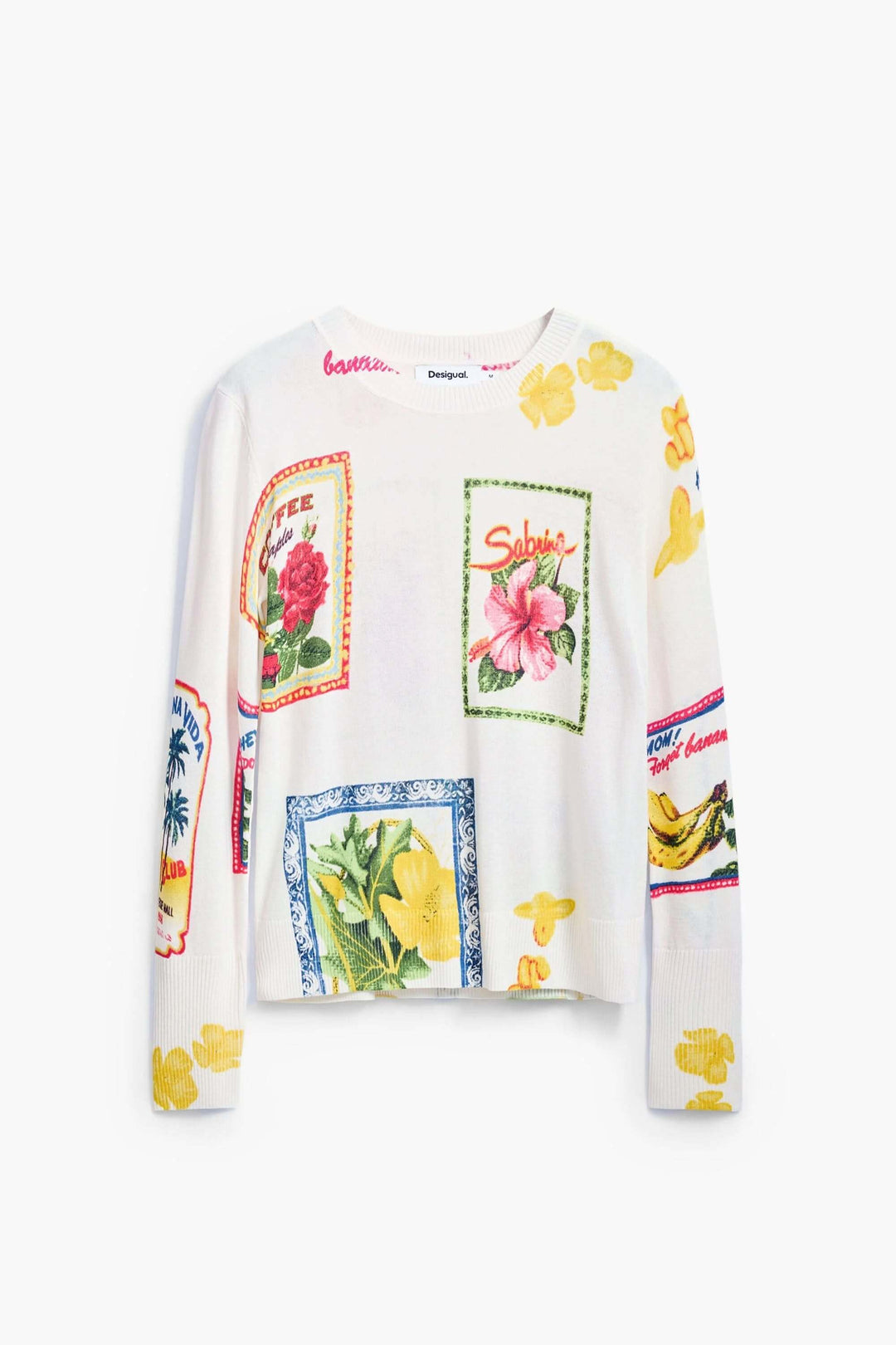 Chandail à timbres tropicaux avec imprimés floraux colorés et manches longues, col rond, style décontracté.