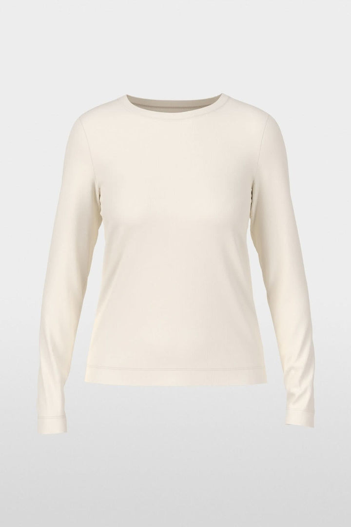 Chandail unie à manches longues en coton doux, coupe ajustée, encolure ronde pour un look minimaliste et chic, couleur ivoire.