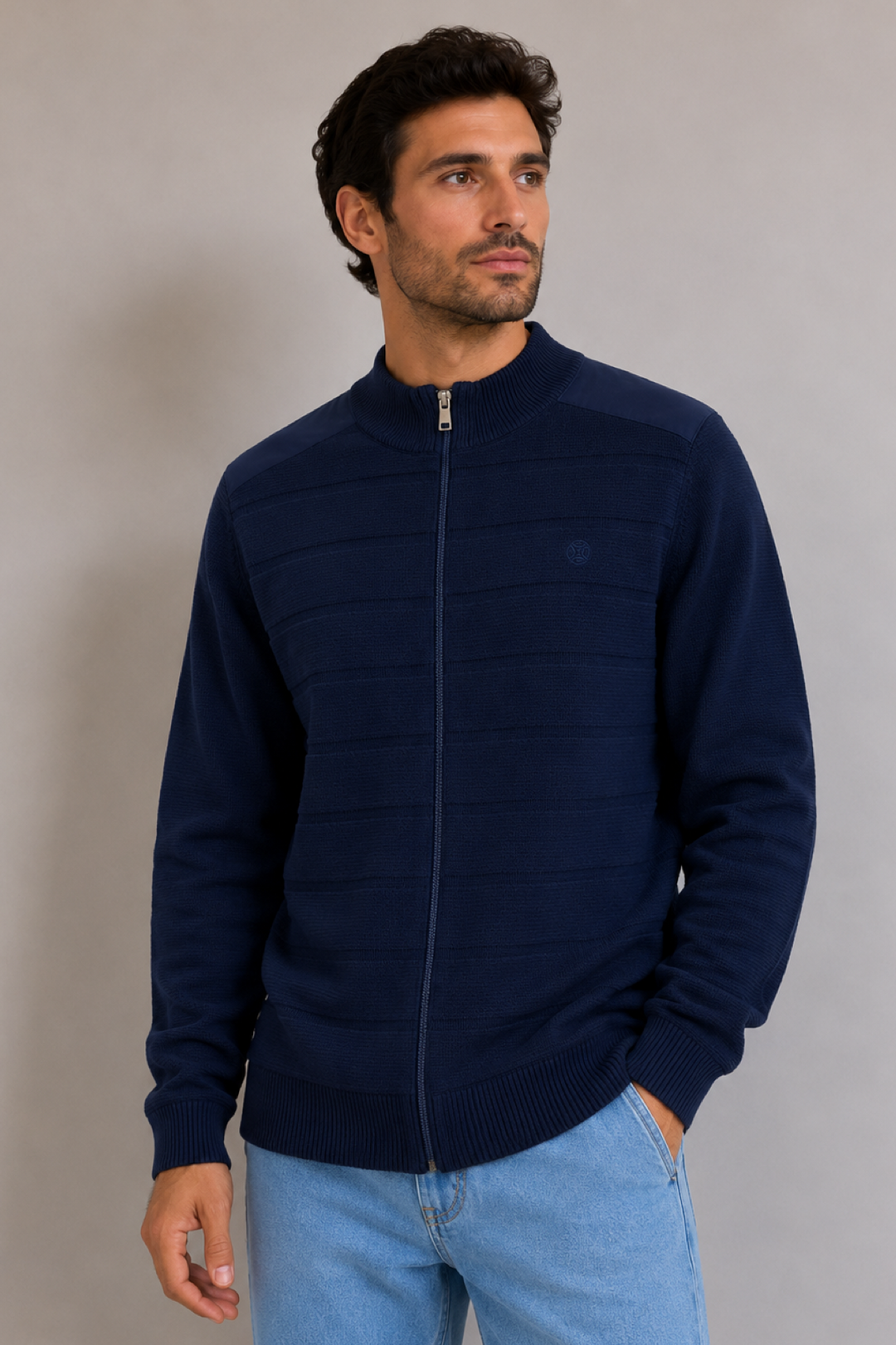 Zip-up cardigan with a high neck