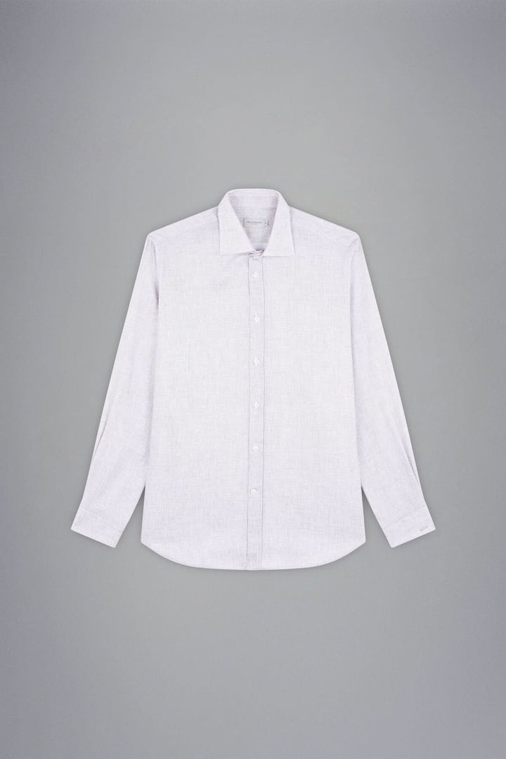 Chemise habillée extensible beige-gris avec col classique et manches longues, idéale pour un look professionnel.