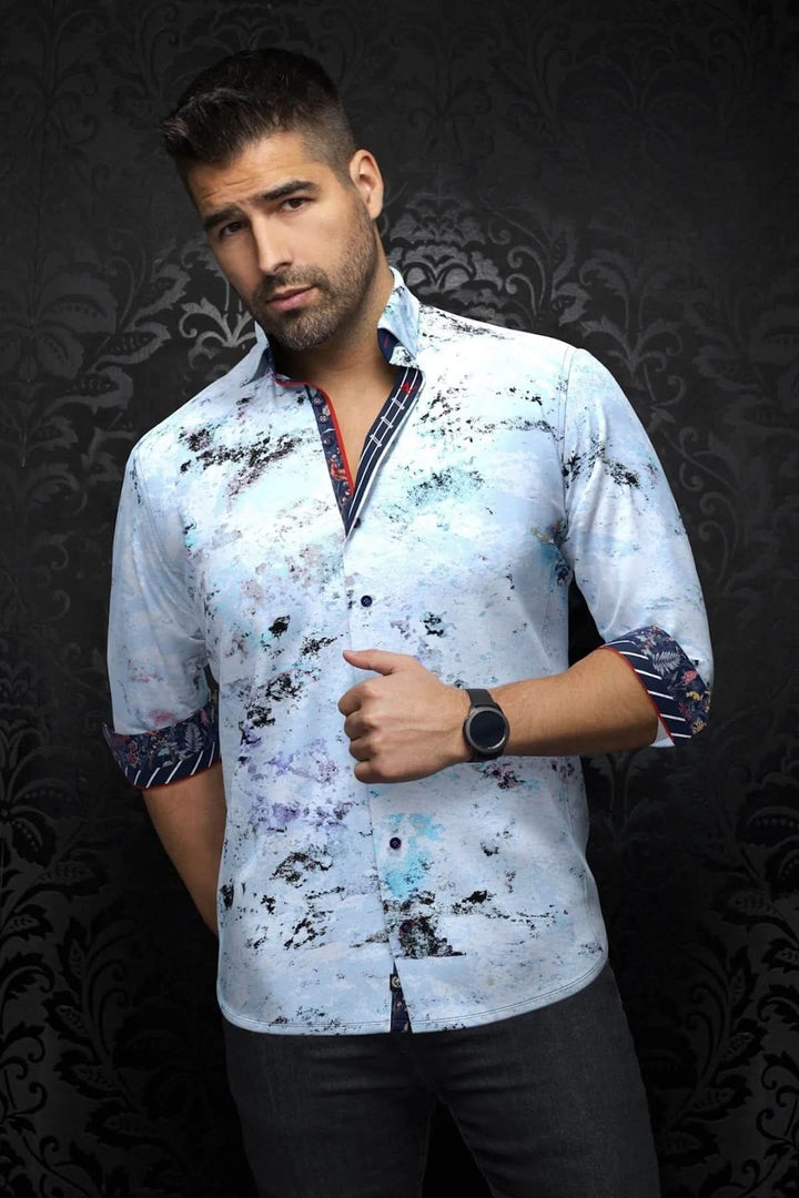 Chemise Magnani à motif abstrait, col classique avec intérieur contrastant, look élégant et artistique.