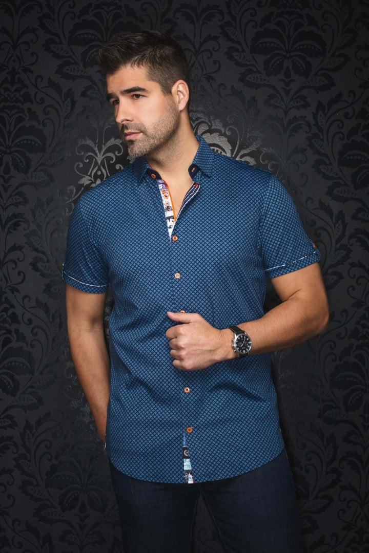 Chemise Terrano à manches courtes avec motif géométrique et col contrastant, parfaite pour l&