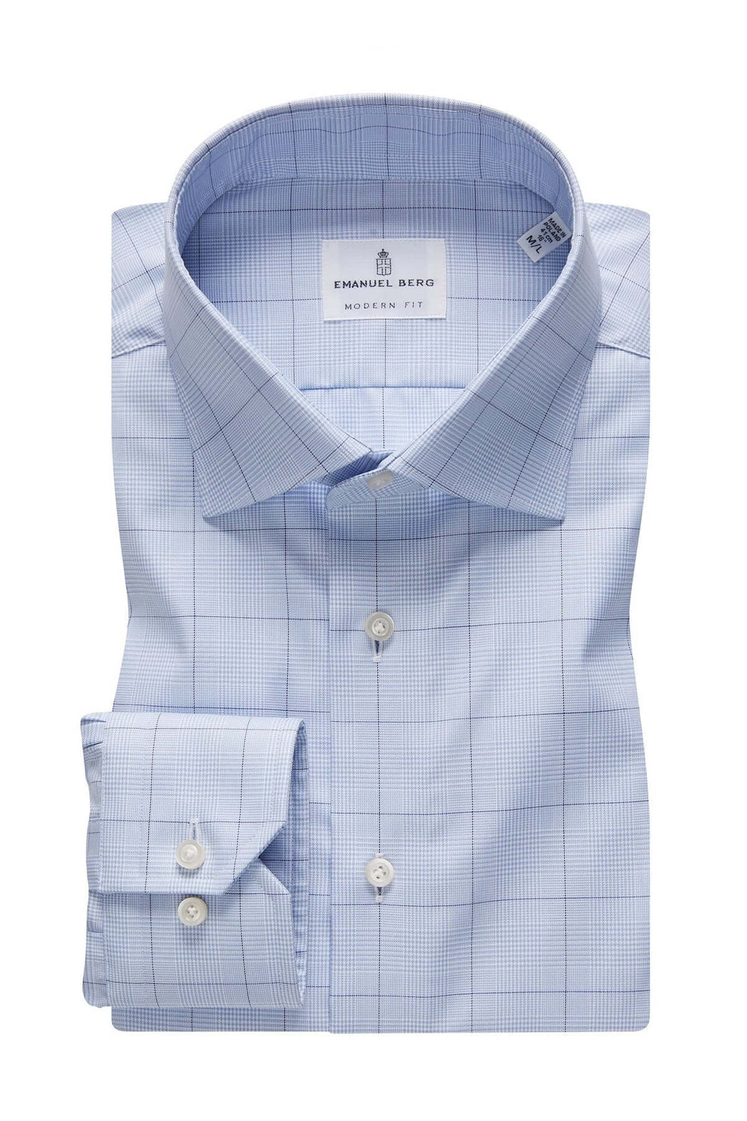 Chemise bleue à carreaux, col classique, tissu léger, idéale pour les occasions formelles.