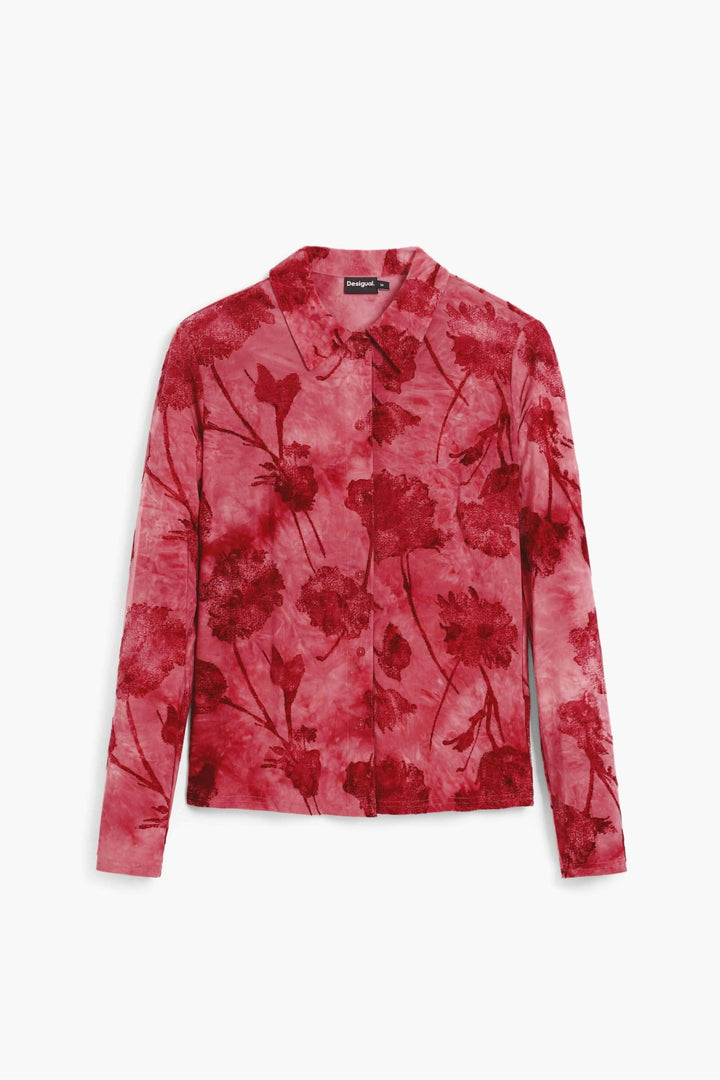 Chemise brodée avec fleurs en motifs artistiques rouges, manches longues, coupe ajustée, élégante et féminine, facile à agencer.