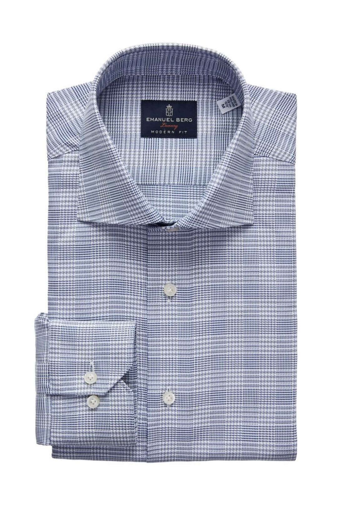 Chemise à carreaux Prince-de-Galles bleu et blanc avec col Rialto et poignets à un bouton, élégante et confortable.
