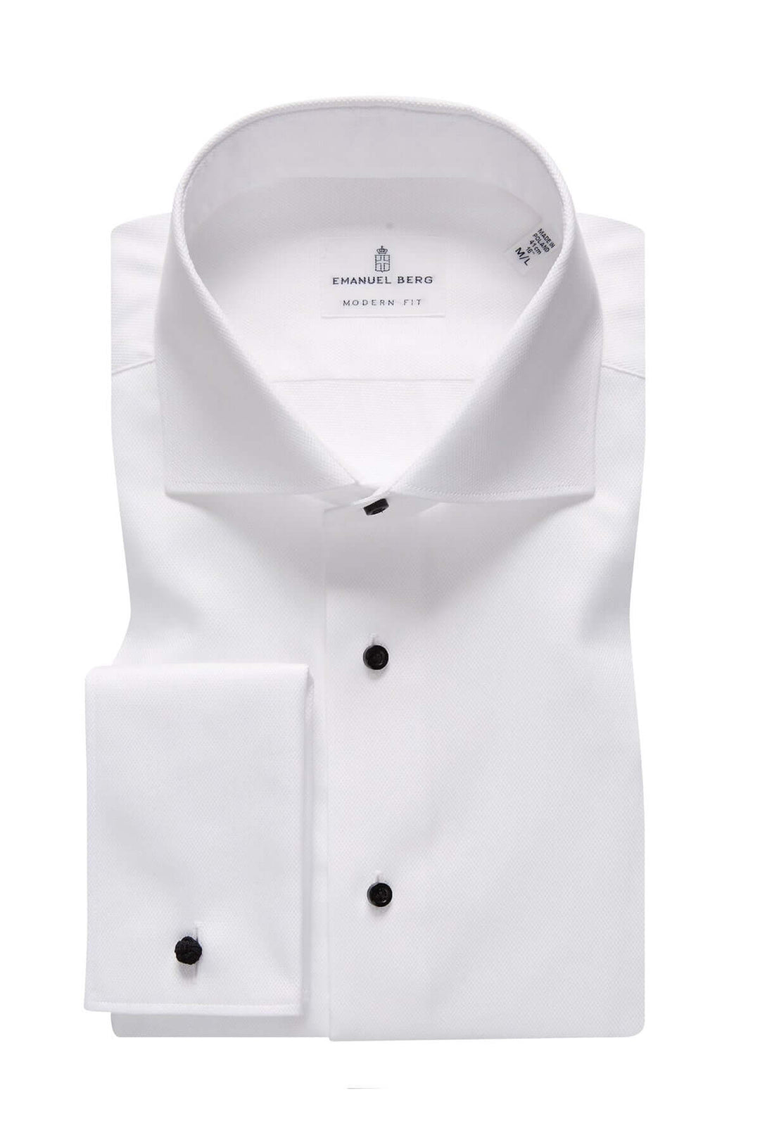 Chemise classique blanche avec col rigide et boutons noirs, parfaite pour les événements habillés.