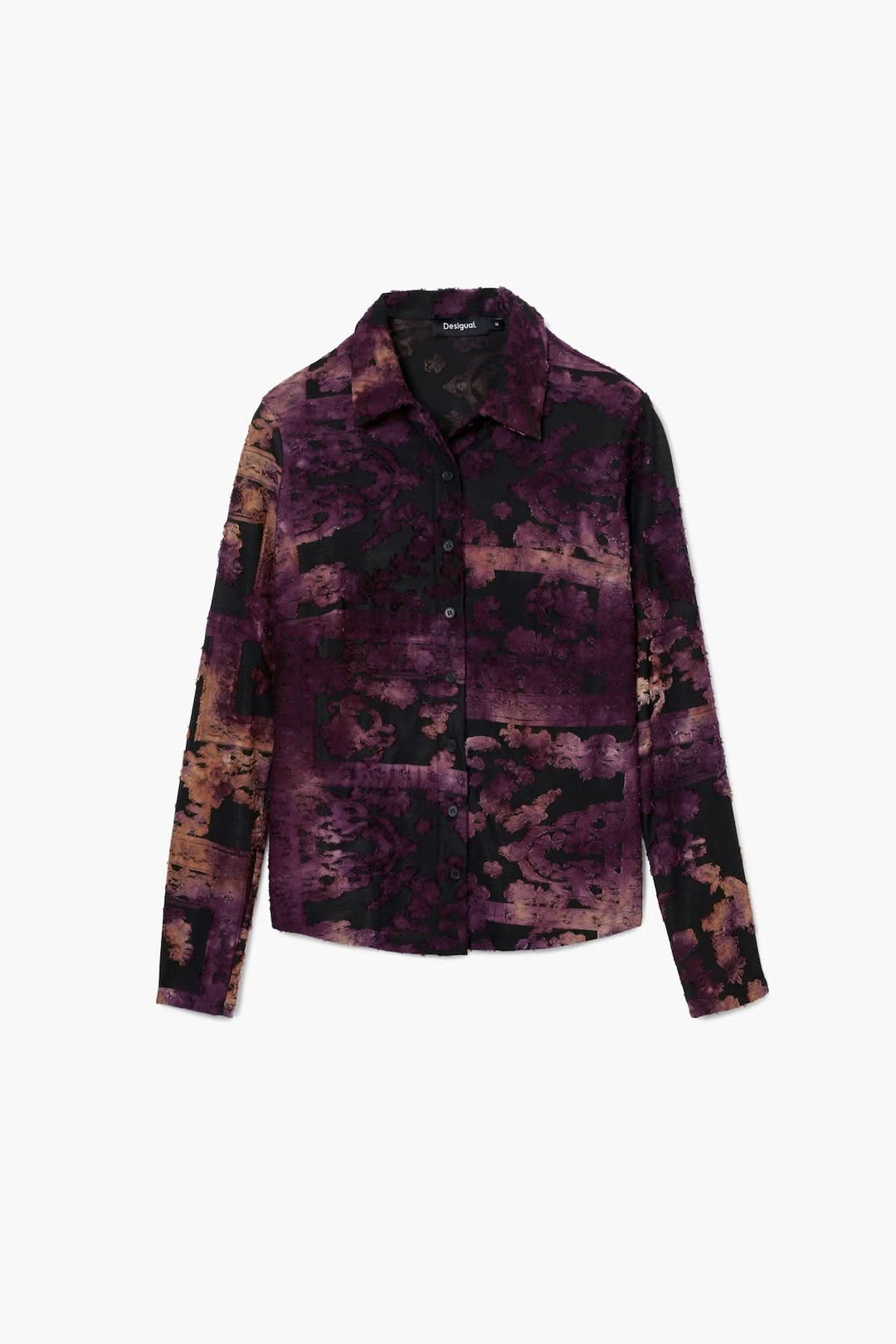 Chemise délavée à manches longues avec imprimé unique en violet et noir, chic et moderne.