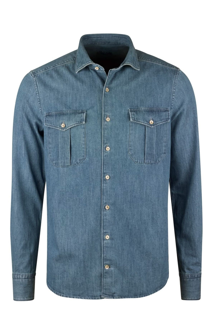 Chemise en denim poches poitrine et boutons nacrés avec col cut away et poignets simples, style moderne, vêtement polyvalent.