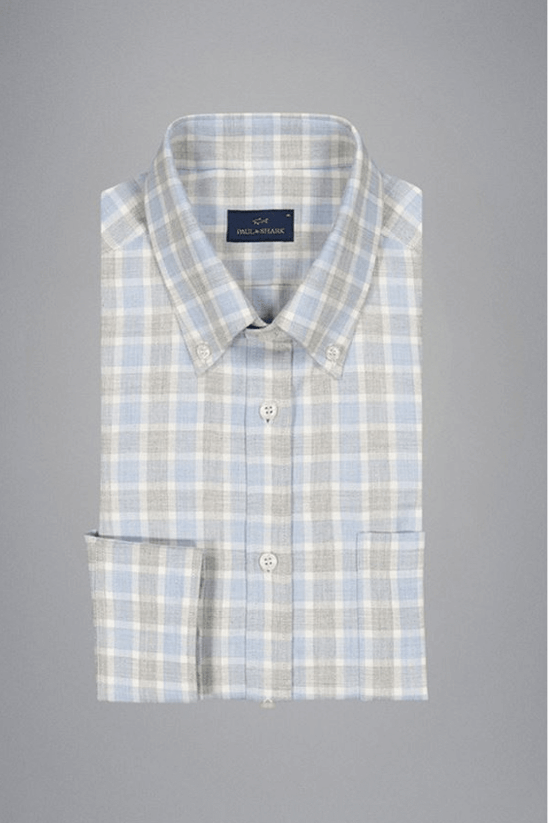 Chemise en flanelle à carreaux bleu pâle et gris avec col boutonné et texture douce, idéale pour l&