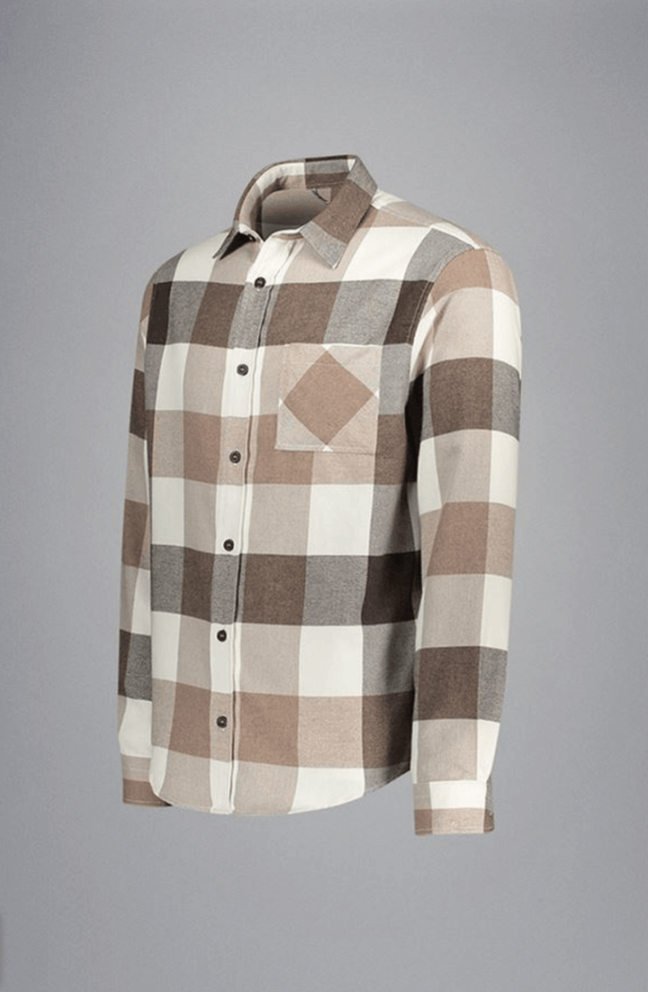 Chemise en flanelle à grands carreaux neutres, motif beige et brun, col classique, flanelle brossée douce et chaude.