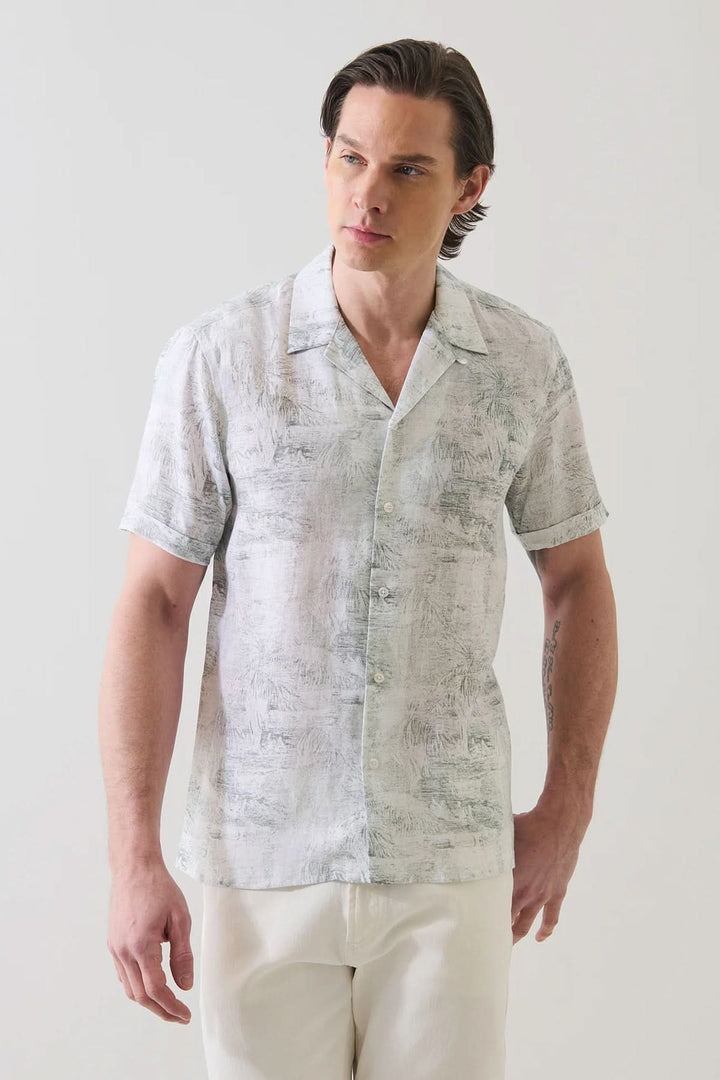Tropical-print linen shirt with a mandarin collar