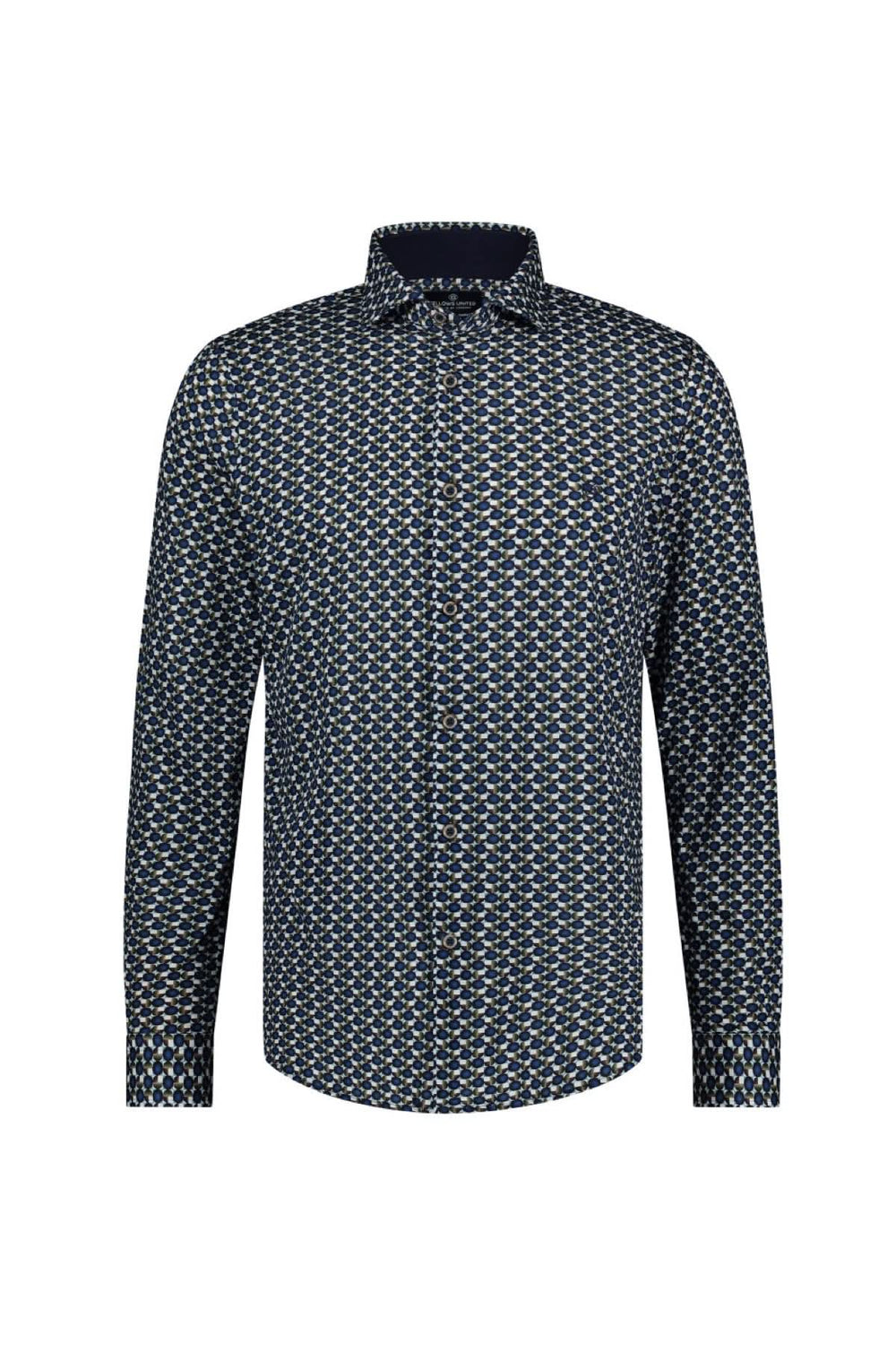 Chemise à manches longues avec imprimé de cercles et carrés, élégante et décontractée, idéale pour le bureau ou les sorties.