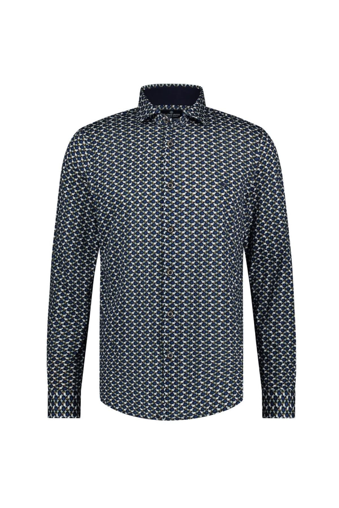 Chemise à manches longues avec imprimé de cercles et carrés, élégante et décontractée, idéale pour le bureau ou les sorties.