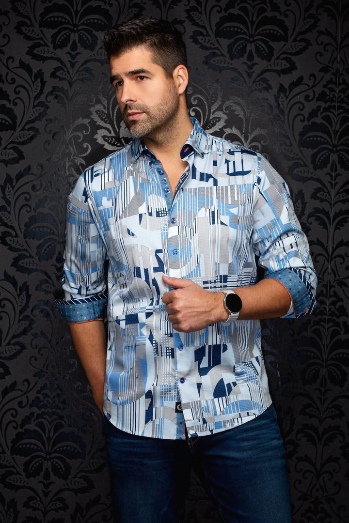 Homme portant une chemise à manches longues LAJEDO à imprimé graphique moderne, coupe ajustée, col classique, avec un jean foncé