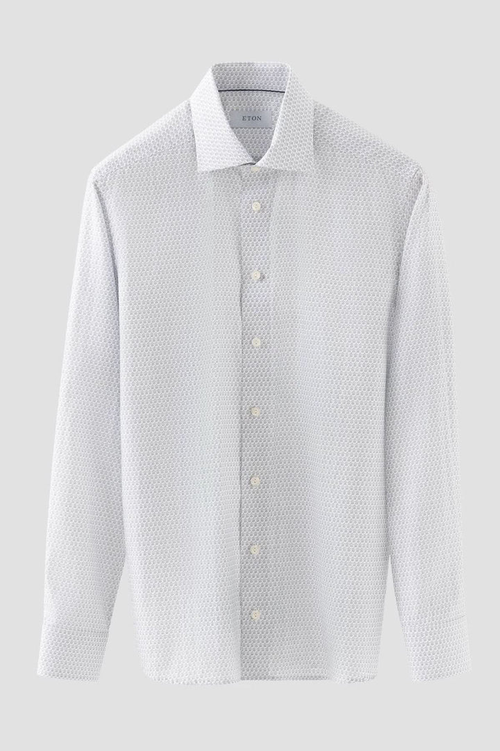 Chemise habillée blanche en coton avec motif microimprimé, idéale pour occasions formelles et professionnelles.