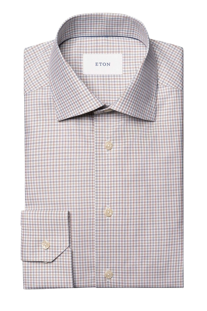 Chemise motif micro-carreaux élégante avec col ouvert classique, idéale pour bureau et sorties élégantes, coupe ajustée confortable.