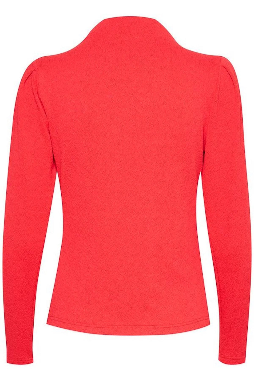 Chemisier rouge vif avec manches longues et col rond, vue arrière, design structuré aux épaules.