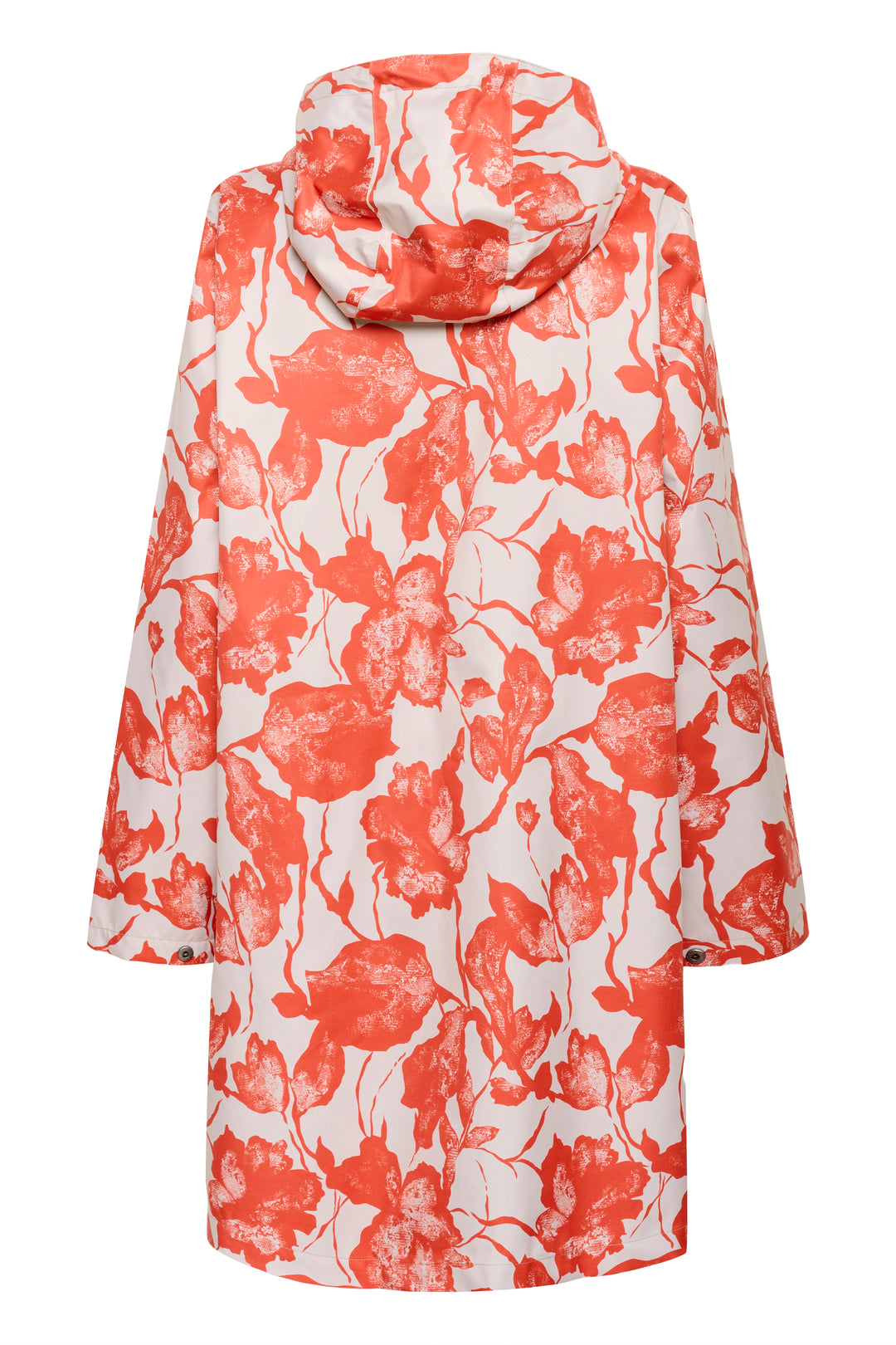 Imperméable Olif avec motif floral rouge pour un style moderne et assertif, coupe droite et longueur sous le genou, idéal pour les jours de pluie.