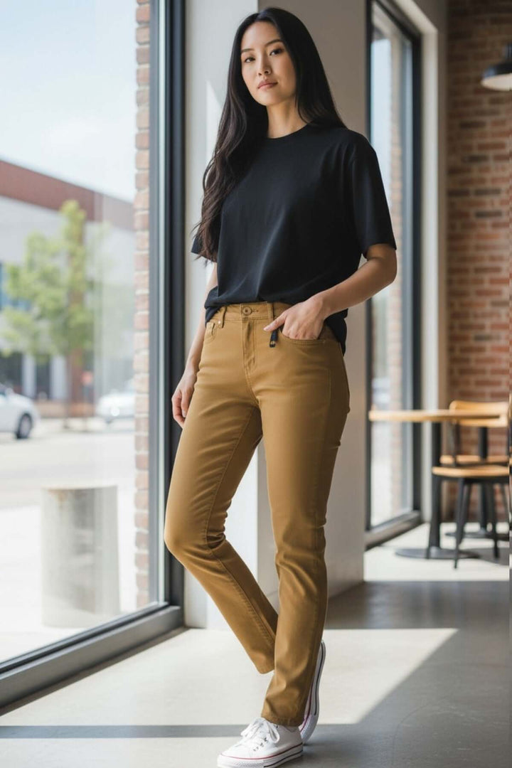 Femme porte un jean slim à taille mi-haute marron avec un t-shirt noir, debout près d&