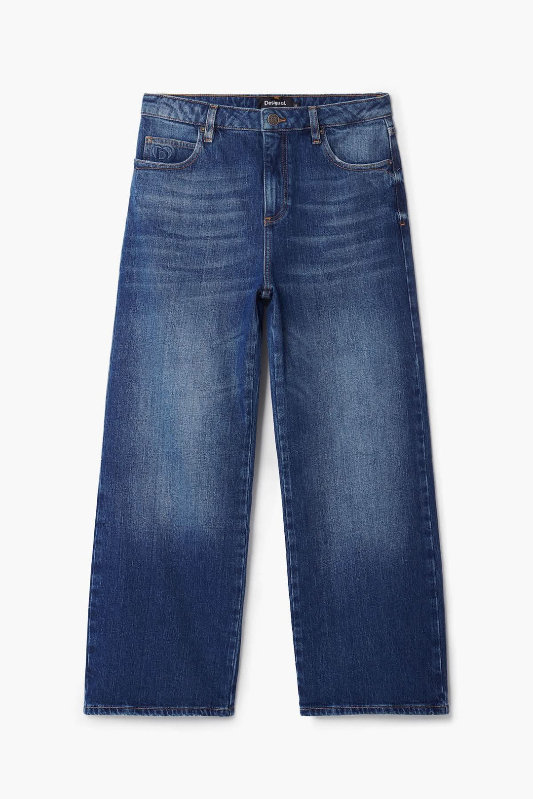 Jeans imprimé fleur en denim bleu avec coupe ample et taille régulière, idéale pour un look décontracté.