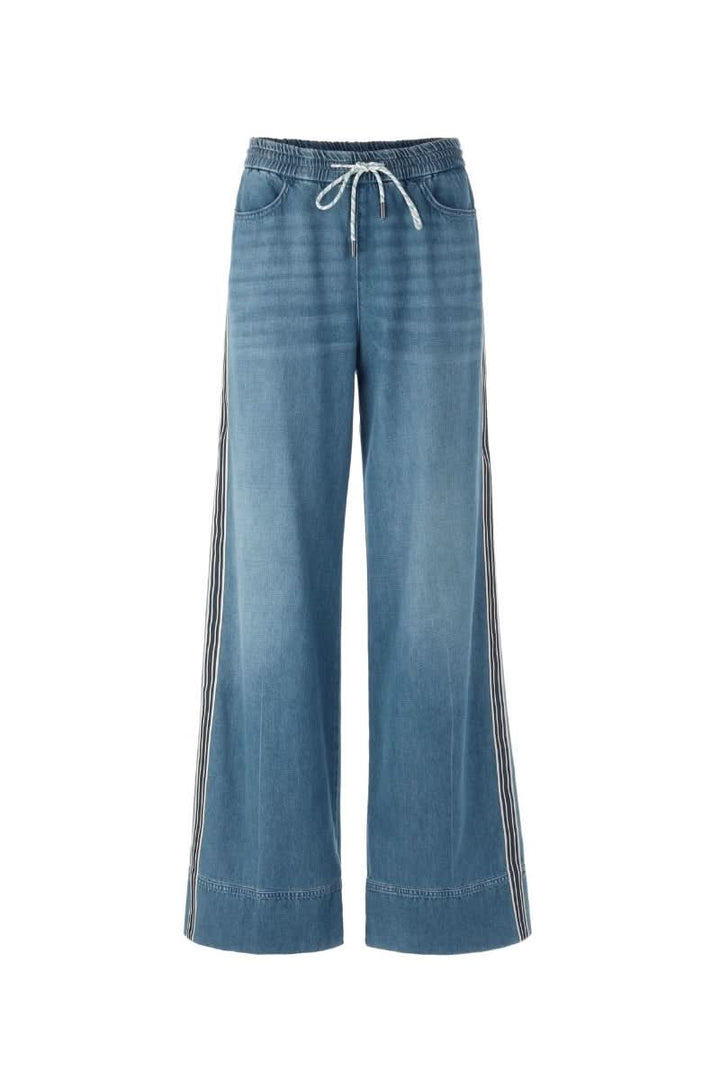 Jeans large à bandes contrastantes avec taille élastique et cordon, coupe décontractée et moderne, bandes latérales allongeant.