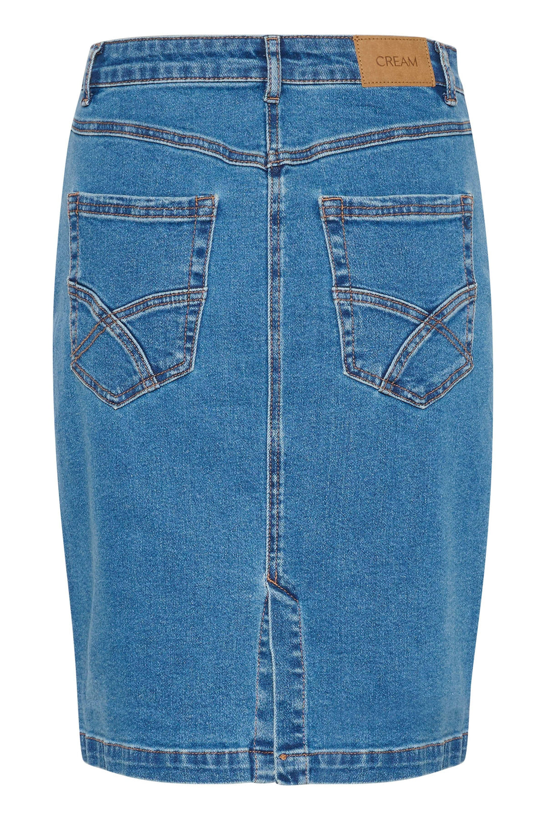 Jupe en jean droite de couleur bleu avec poches arrière et taille classique, modèle durable et élégant.