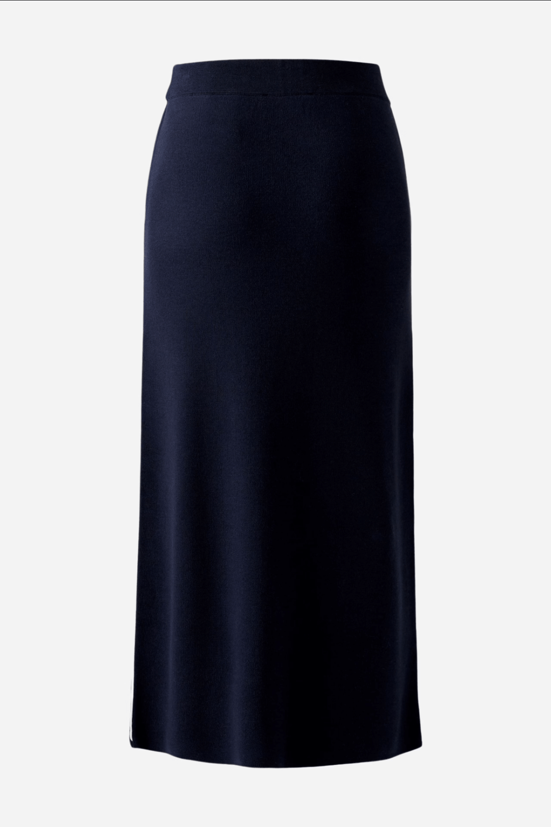 Jupe droite en tricot, longueur midi, taille élastiquée, couleur marine, élégante et confortable.