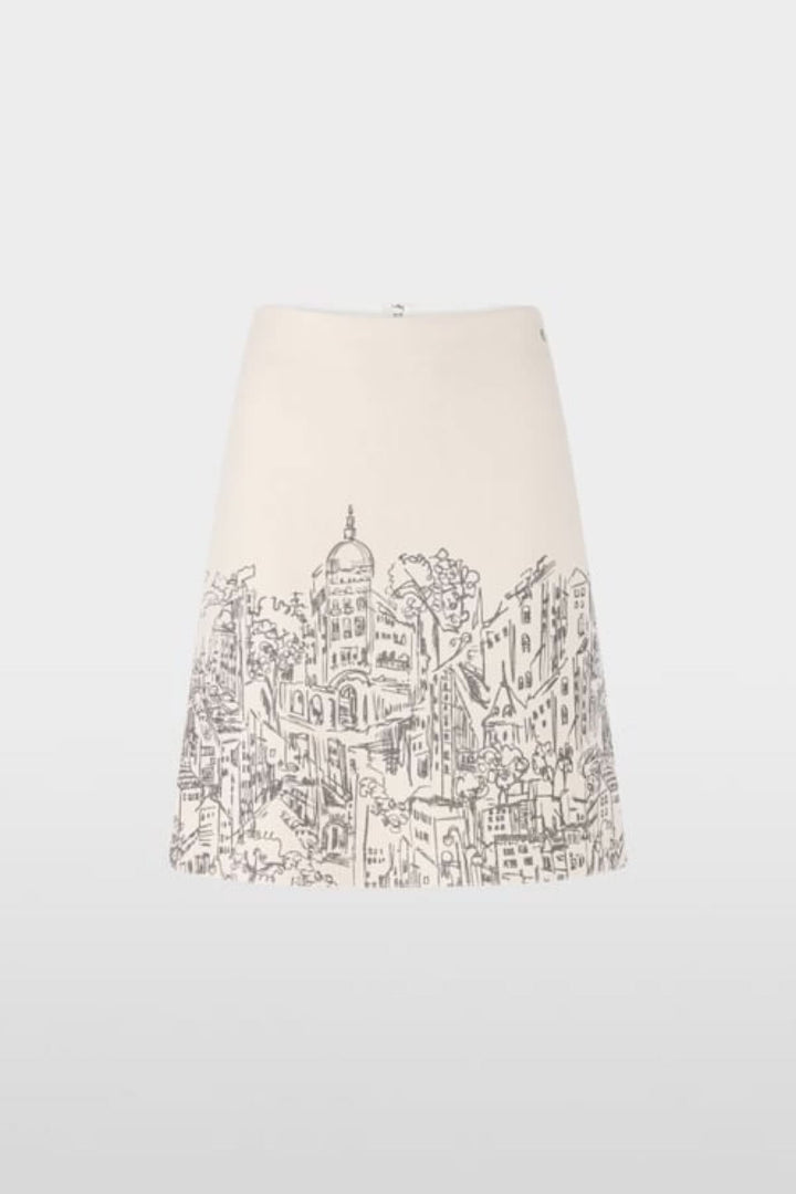 Jupe en laine vierge avec motif CITY griffonné, tricotée en Allemagne, fermeture éclair invisible, coupe droite élégante et moderne.