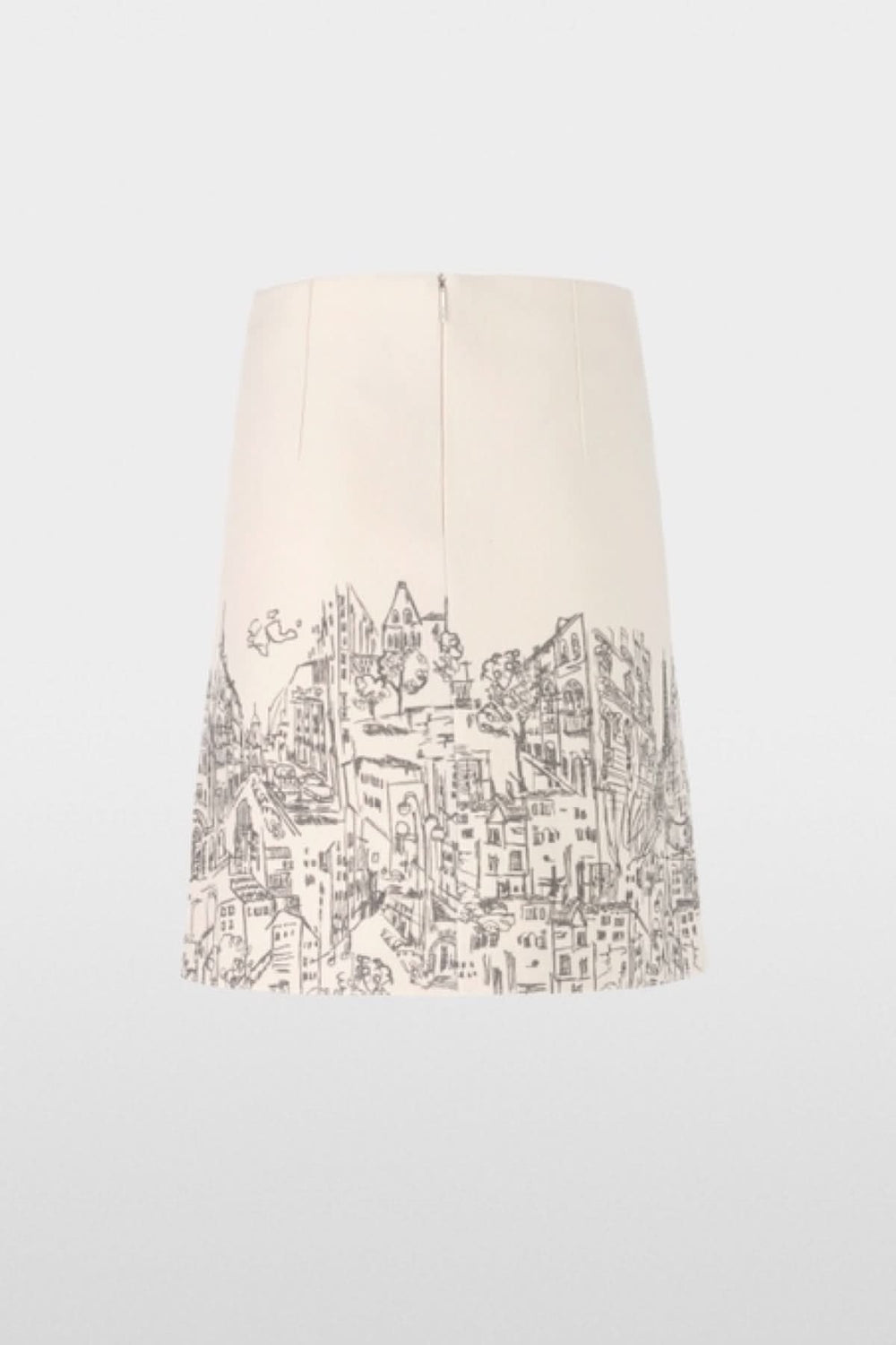 Jupe en laine vierge avec motif CITY griffonné, coupe droite et fermeture éclair invisible. Tricotée en Allemagne, doublée pour confort.